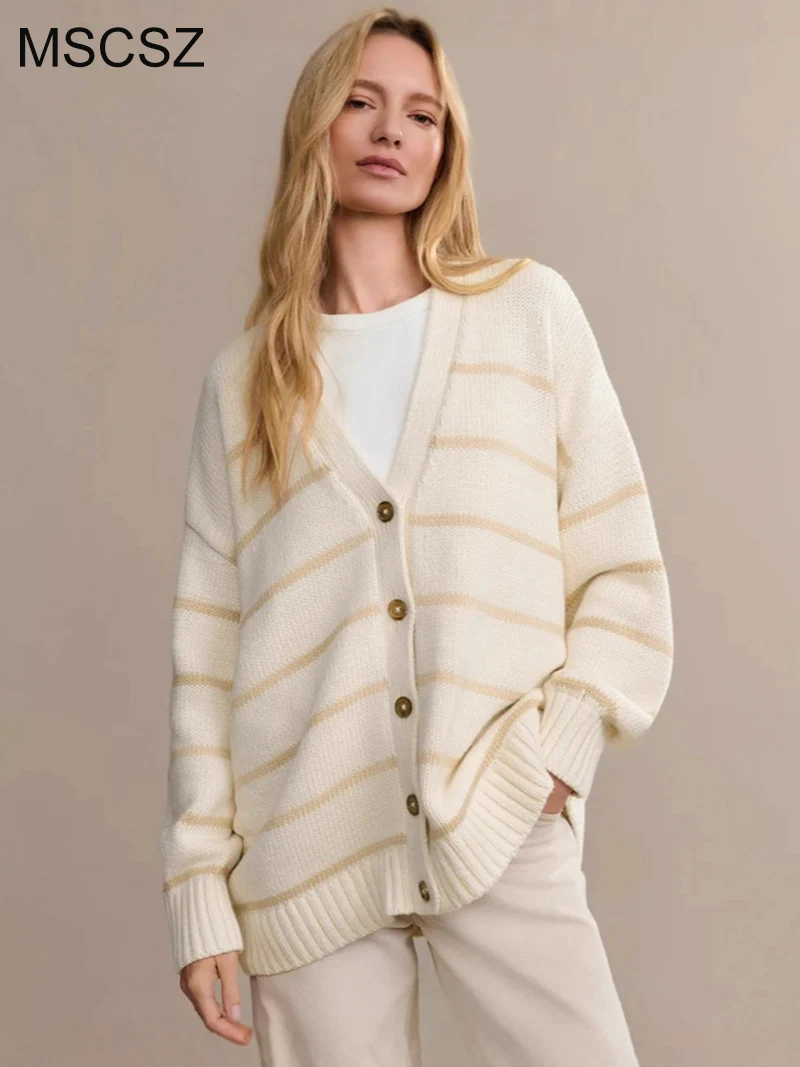 MSCSZ Autumn Striped Knitted Cardigan Women V-Neck Button Up Long Cardigan 100% Cotton Loose Casual Cardigan Outerwear
MSCSZ Autumn Striped Knitted Cardigan Women V-Neck Button Up Long Cardigan 100% Cotton Loose Casual Cardigan Outerwear