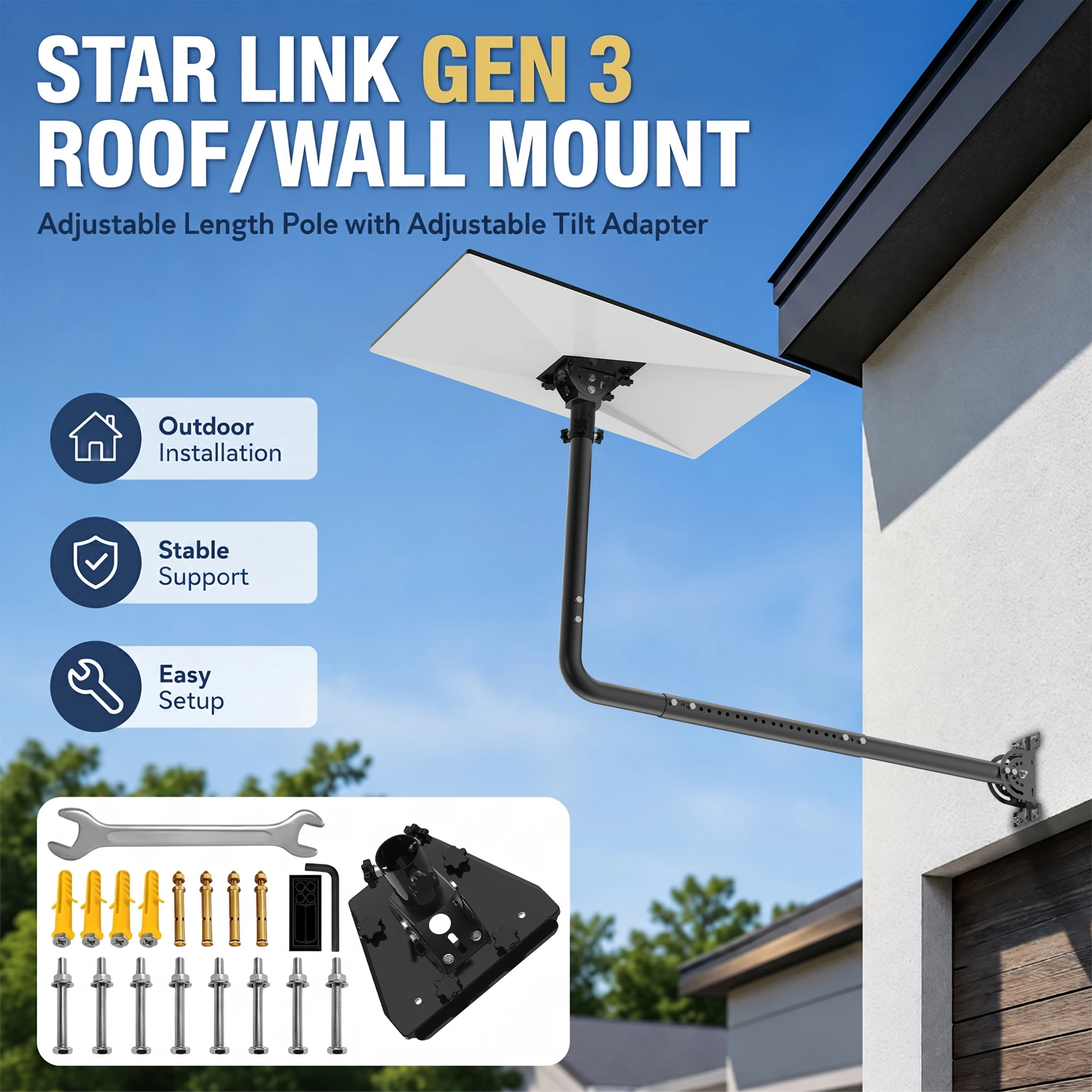 Starlink Gen 3 Wall Mount,160° Tilt Adjustable, Roof Wall Pole Mount, with Pole and Pipe Adapter,for Standard 4X,Enterprise Dish
Starlink Gen 3 Wall Mount,160° Tilt Adjustable, Roof Wall Pole Mount, with Pole and Pipe Adapter,for Standard 4X,Enterprise Dish