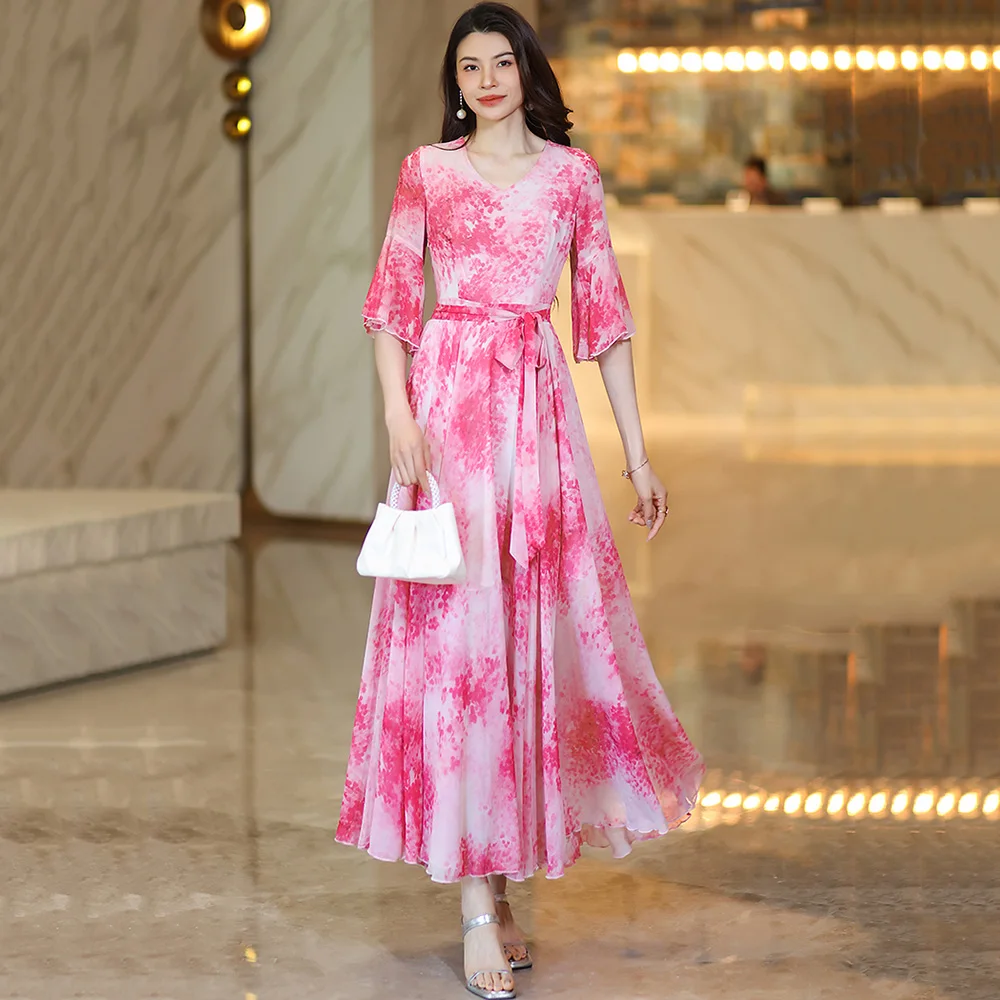 New Women Summer Sweet Pink Long Dress Fashion V-Neck Flare Sleeve High Waist Print Dress Elegant Slim Waist Holiday Dress
New Women Summer Sweet Pink Long Dress Fashion V-Neck Flare Sleeve High Waist Print Dress Elegant Slim Waist Holiday Dress