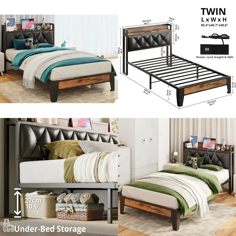 Twin Size Bed Frame with Storage Headboard, Outlets Included, Easy Assembly, Durable and Quiet, No Box Spring Required, Rustic S