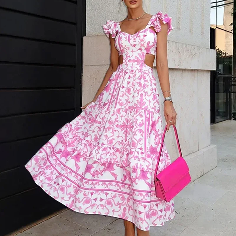 Women Sexy Hollow Backless Bohemian Dress Spring Vacation Casual Sleeveless Dress Summer Ruffle Pink Printed Long Dress Vestidos
Women Sexy Hollow Backless Bohemian Dress Spring Vacation Casual Sleeveless Dress Summer Ruffle Pink Printed Long Dress Vestidos