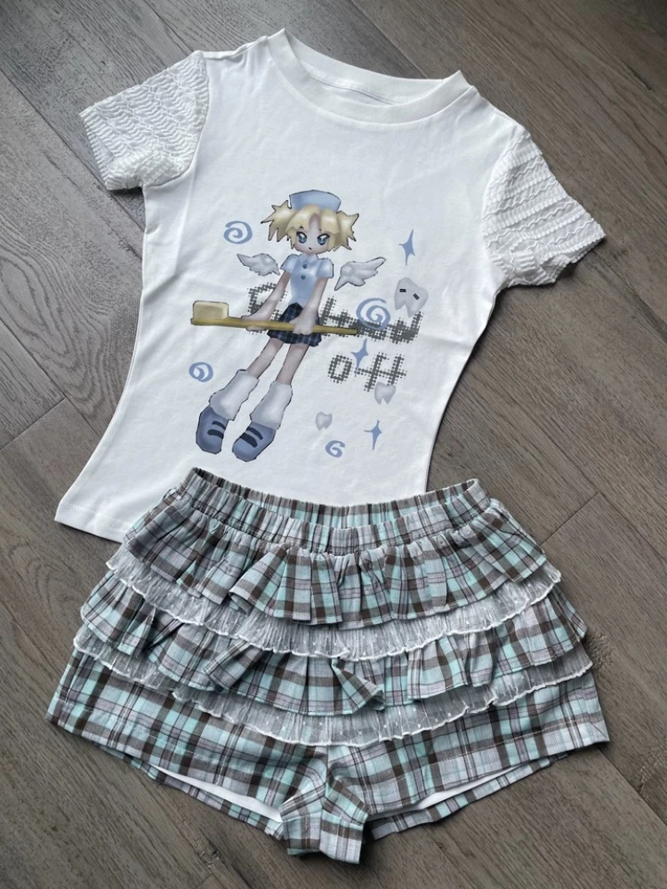 Japanese Sweet Subculture Short Sleeve 2-pieces Set Women's Cute Cartoon Printed Tops and Lolita Plaid Cake Skirt Summer Outfit
Japanese Sweet Subculture Short Sleeve 2-pieces Set Women's Cute Cartoon Printed Tops and Lolita Plaid Cake Skirt Summer Outfit