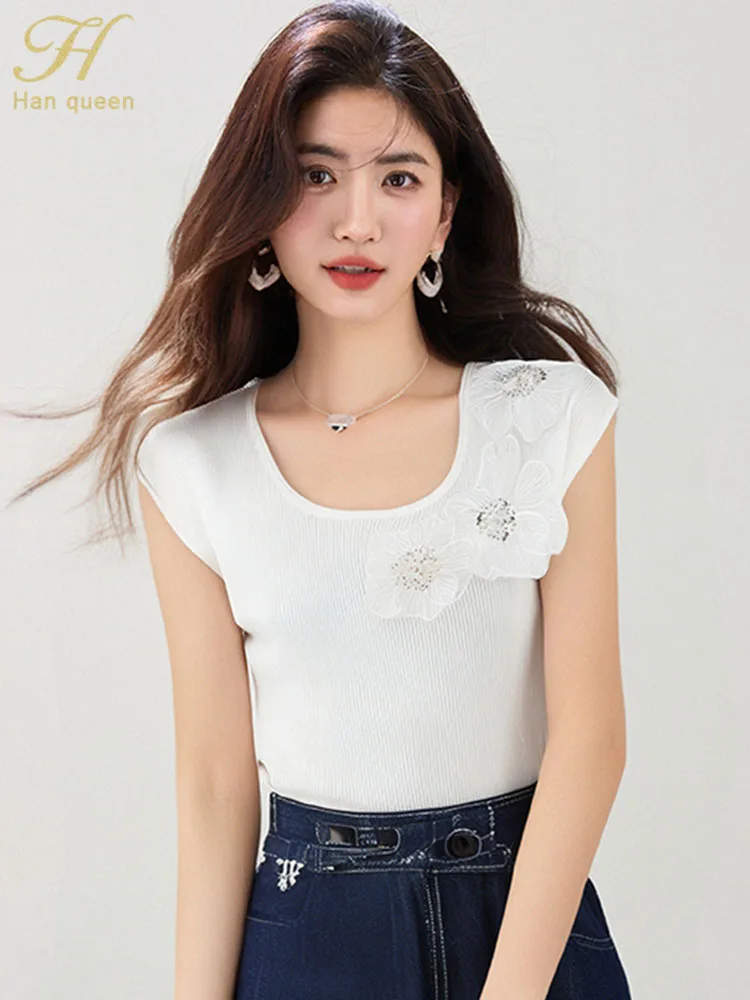 H Han Queen 2025 White Nail Bead Three-Dimensional Flower Loose Knitwear Sweater Short Sleeve Casual Pullover Women's Clothing
H Han Queen 2025 White Nail Bead Three-Dimensional Flower Loose Knitwear Sweater Short Sleeve Casual Pullover Women's Clothing