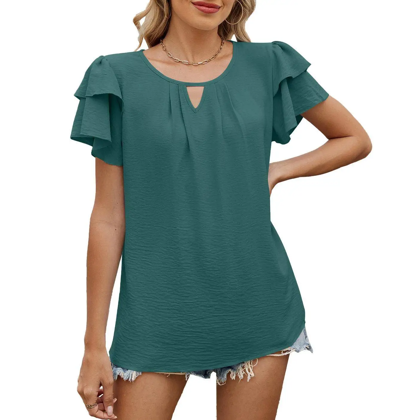 Loose V-Neck Hollow out Double Layer Sleeve T-Shirt Women's Pure Color Spring Summer New Style Fashion Lace Shirt Polyester
Loose V-Neck Hollow out Double Layer Sleeve T-Shirt Women's Pure Color Spring Summer New Style Fashion Lace Shirt Polyester