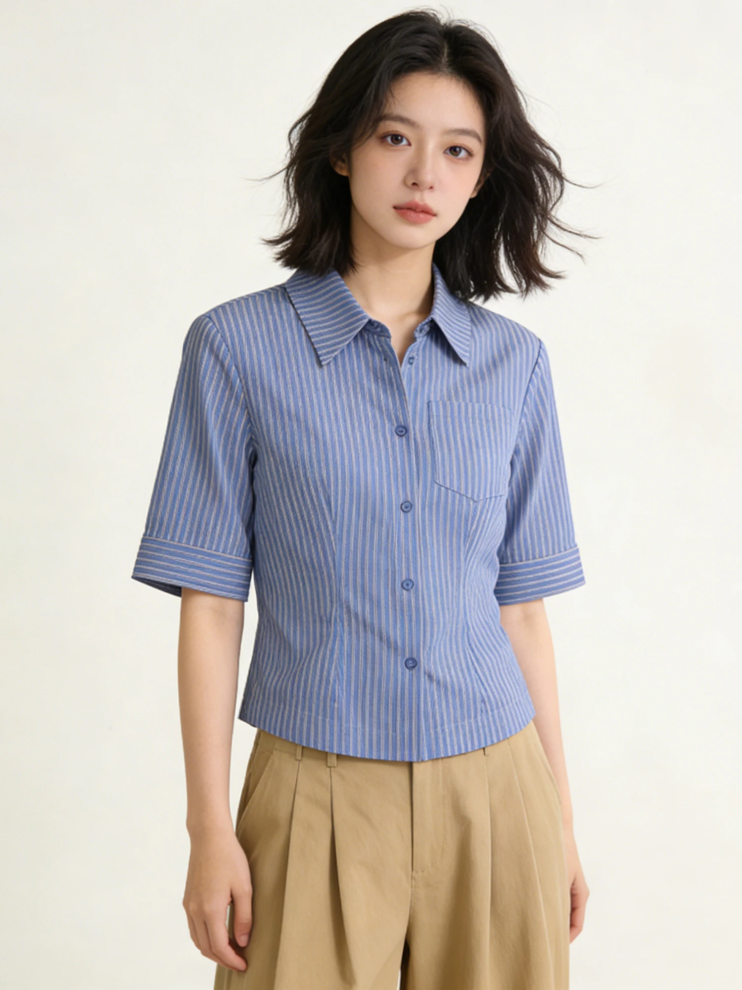 Chic Korean Style Women's Slim Fit Striped Short Sleeve Shirt Spring Commute Fashion Casual Cotton Top Elegant Thinming
Chic Korean Style Women's Slim Fit Striped Short Sleeve Shirt Spring Commute Fashion Casual Cotton Top Elegant Thinming