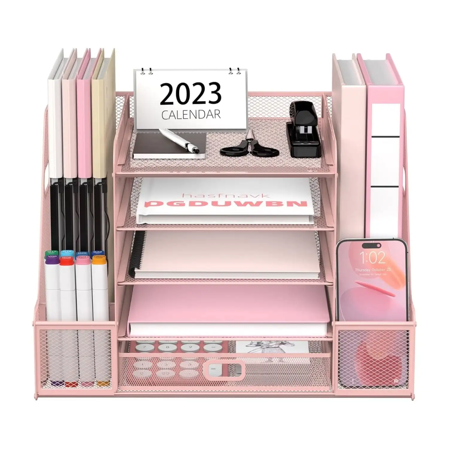 5-Tier Metal Mesh Desk Document Organizer with File Holder, Pen Holder and Drawer, Pink
5-Tier Metal Mesh Desk Document Organizer with File Holder, Pen Holder and Drawer, Pink