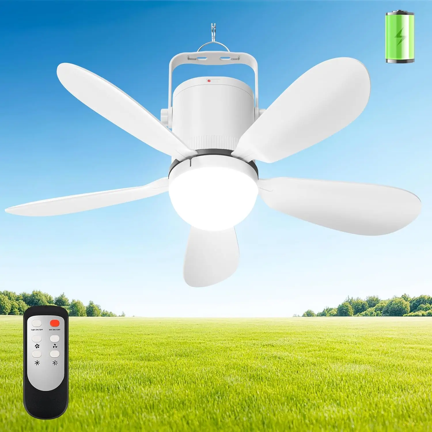 Portable Ceiling Fan with Light, Rechargeable Battery, Remote Control for Outdoor Camping Tent Gazebo RV
Portable Ceiling Fan with Light, Rechargeable Battery, Remote Control for Outdoor Camping Tent Gazebo RV