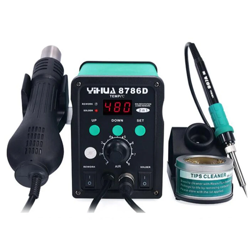 220V 2in1 Soldering station SMD Rework soldering iron Heat gun LED Digital display Welding Table 8786D 740W
220V 2in1 Soldering station SMD Rework soldering iron Heat gun LED Digital display Welding Table 8786D 740W