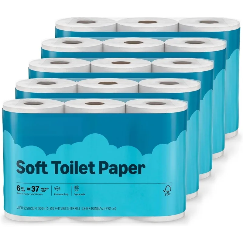 2-Ply Soft Toilet Paper,6 Rolls, 350 Sheets per Roll, Septic Safe, Equivalent to 185 Regular Rolls
2-Ply Soft Toilet Paper,6 Rolls, 350 Sheets per Roll, Septic Safe, Equivalent to 185 Regular Rolls
