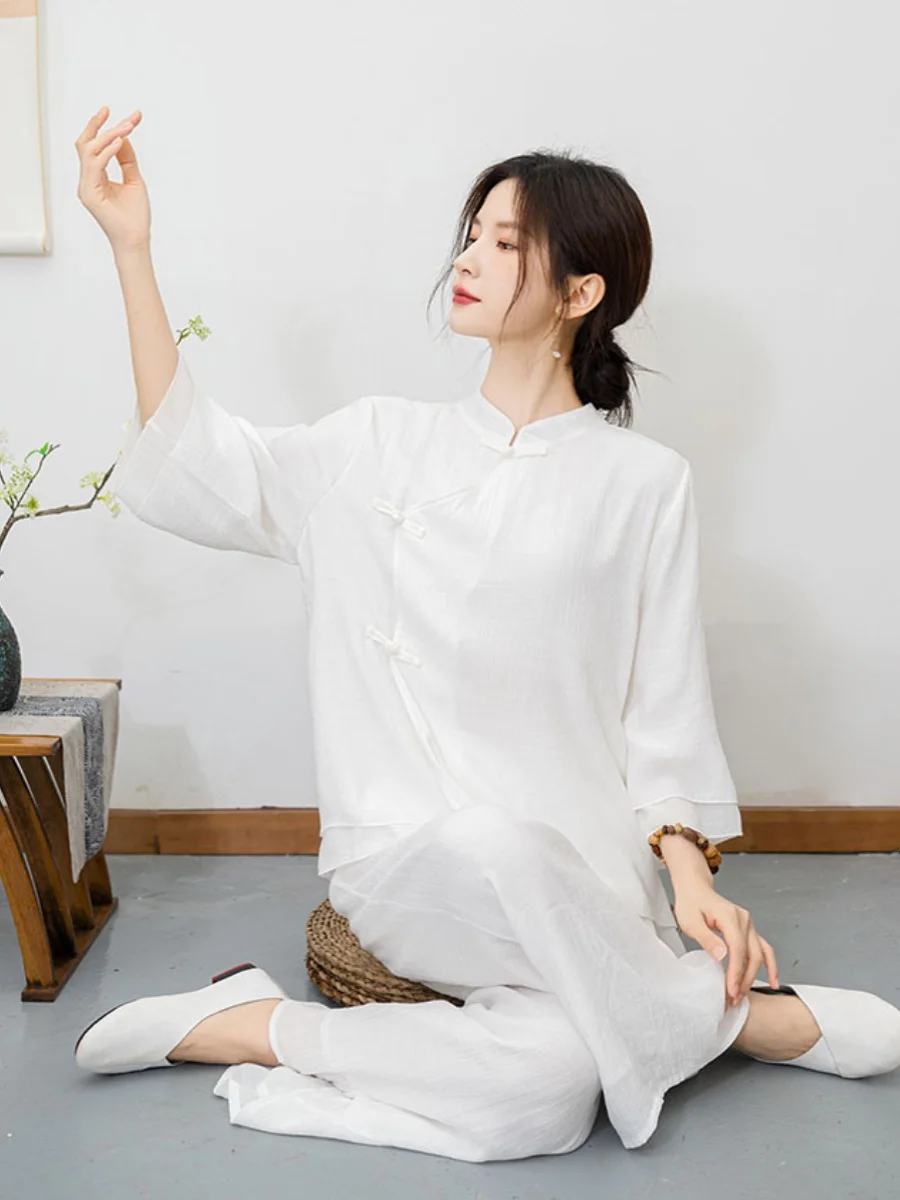 New Chinese Zen Style Women's Summer 2024 Two-Piece Set Tea Clothing Buddha Meditation Practice Outfit Long Pants Cotton Blend
New Chinese Zen Style Women's Summer 2024 Two-Piece Set Tea Clothing Buddha Meditation Practice Outfit Long Pants Cotton Blend