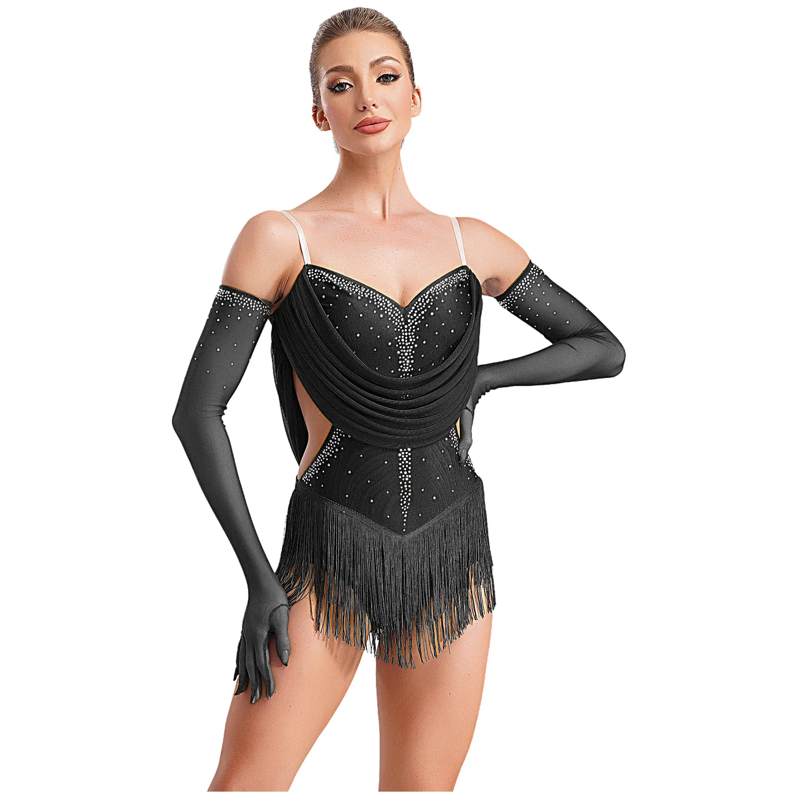 Latin Jazz Salsa Dance Dress for Women Tango Rumba Performance Competition Backless Tassel Skirt Leotard Dance Dress with Gloves 
Latin Jazz Salsa Dance Dress for Women Tango Rumba Performance Competition Backless Tassel Skirt Leotard Dance Dress with Gloves