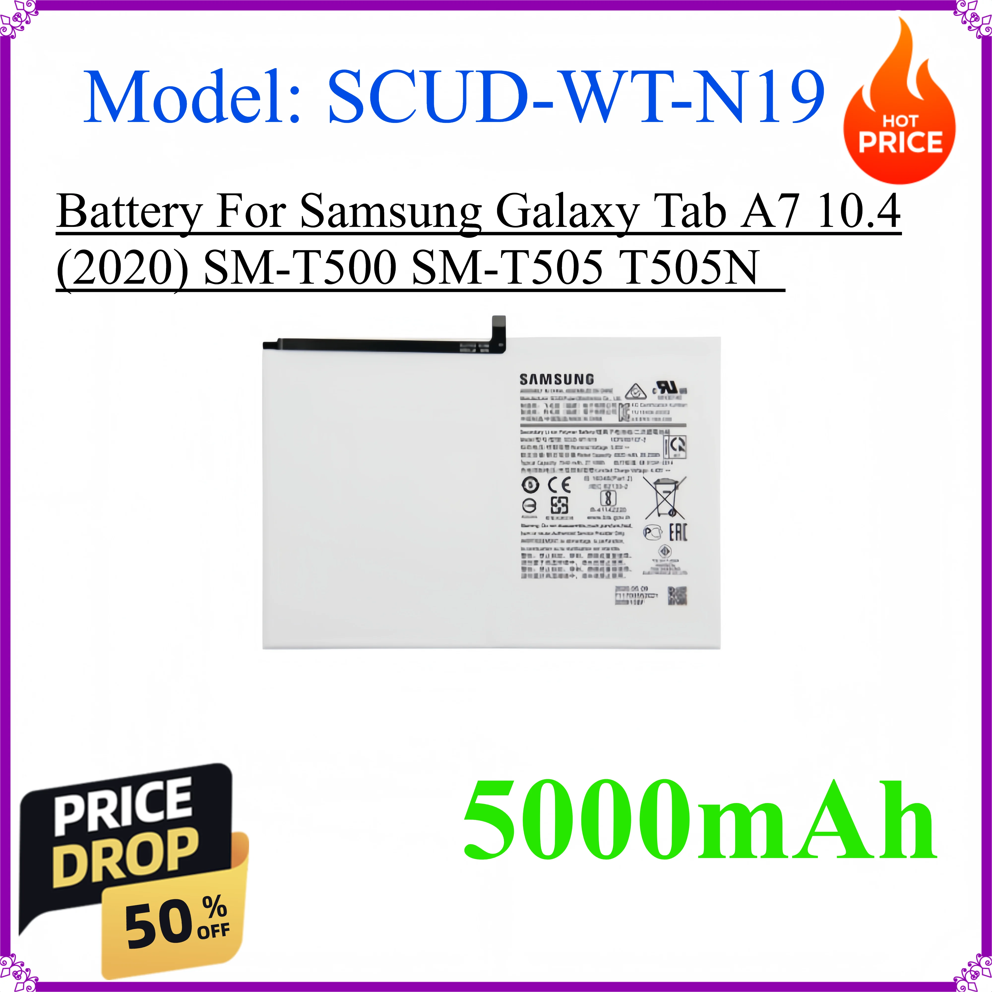 SCUD-WT-N19 Battery For Samsung Galaxy Tab A7 10.4 (2020) SM-T500 SM-T505 T505N Replacement Repair Part Tablet
SCUD-WT-N19 Battery For Samsung Galaxy Tab A7 10.4 (2020) SM-T500 SM-T505 T505N Replacement Repair Part Tablet
