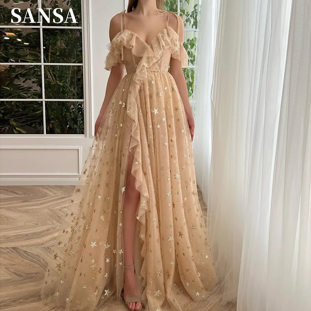 Sansa Princess Champagne Star Prom Dresses Sweet Off Shoulder Vestidos De Noche Side Split Tulle Vestidos De Fiesta
Sansa Princess Champagne Star Prom Dresses Sweet Off Shoulder Vestidos De Noche Side Split Tulle Vestidos De Fiesta