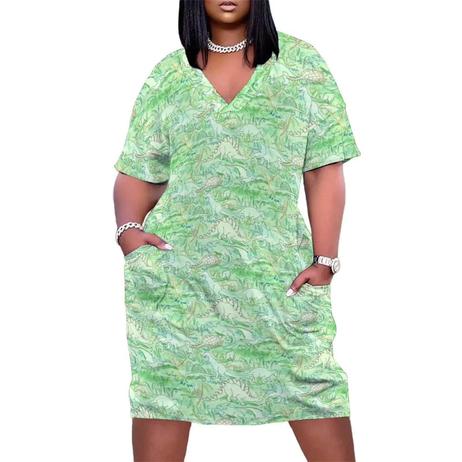 Dinosaurs in Primeval Jungle in Green Blue and Brown Loose Pocket Dress womans clothing evening dress women summer dress
Dinosaurs in Primeval Jungle in Green Blue and Brown Loose Pocket Dress womans clothing evening dress women summer dress