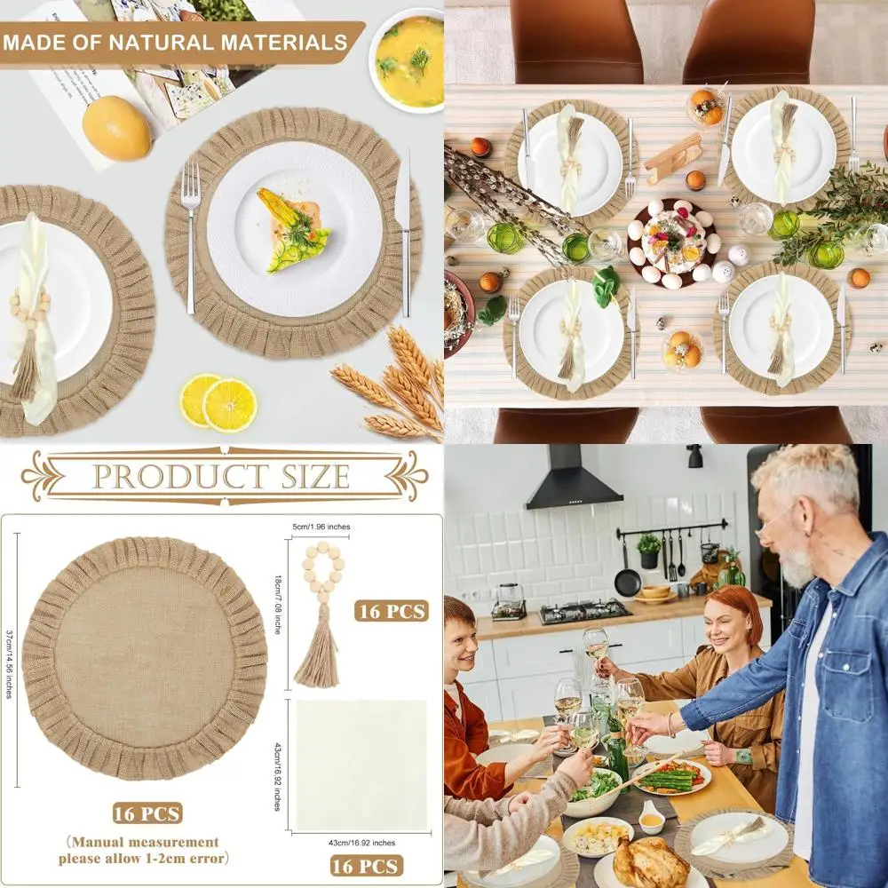 Natural 15 Round Burlap Placemats with Wood Bead Napkin & Rings, Boho Jute Table Mats for Heat Resistant Dining & Wedding Decor
Natural 15 Round Burlap Placemats with Wood Bead Napkin & Rings, Boho Jute Table Mats for Heat Resistant Dining & Wedding Decor