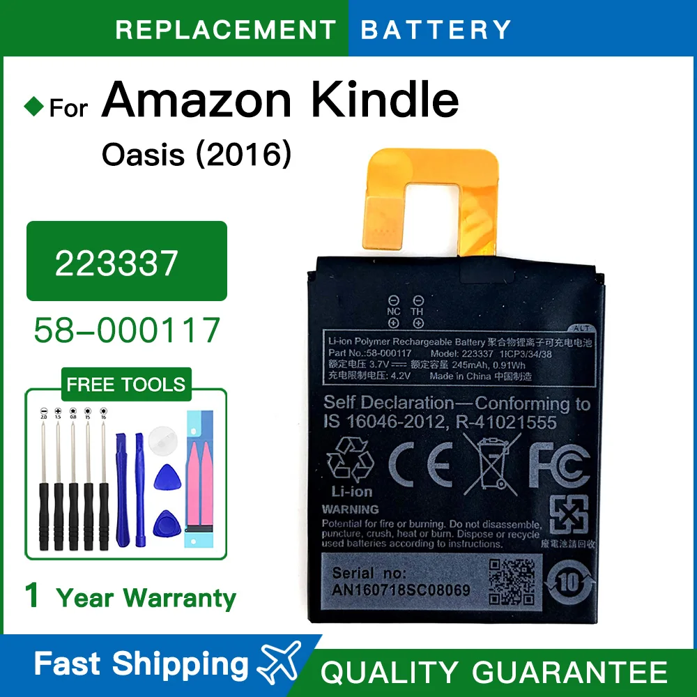 Brand new 223337 58-000117 for Amazon Kindle Oasis, KO1, Oasis 1, Oasis 2, Oasis 3, SW56RW tablet Batteries batteria +Free Tools
Brand new 223337 58-000117 for Amazon Kindle Oasis, KO1, Oasis 1, Oasis 2, Oasis 3, SW56RW tablet Batteries batteria +Free Tools