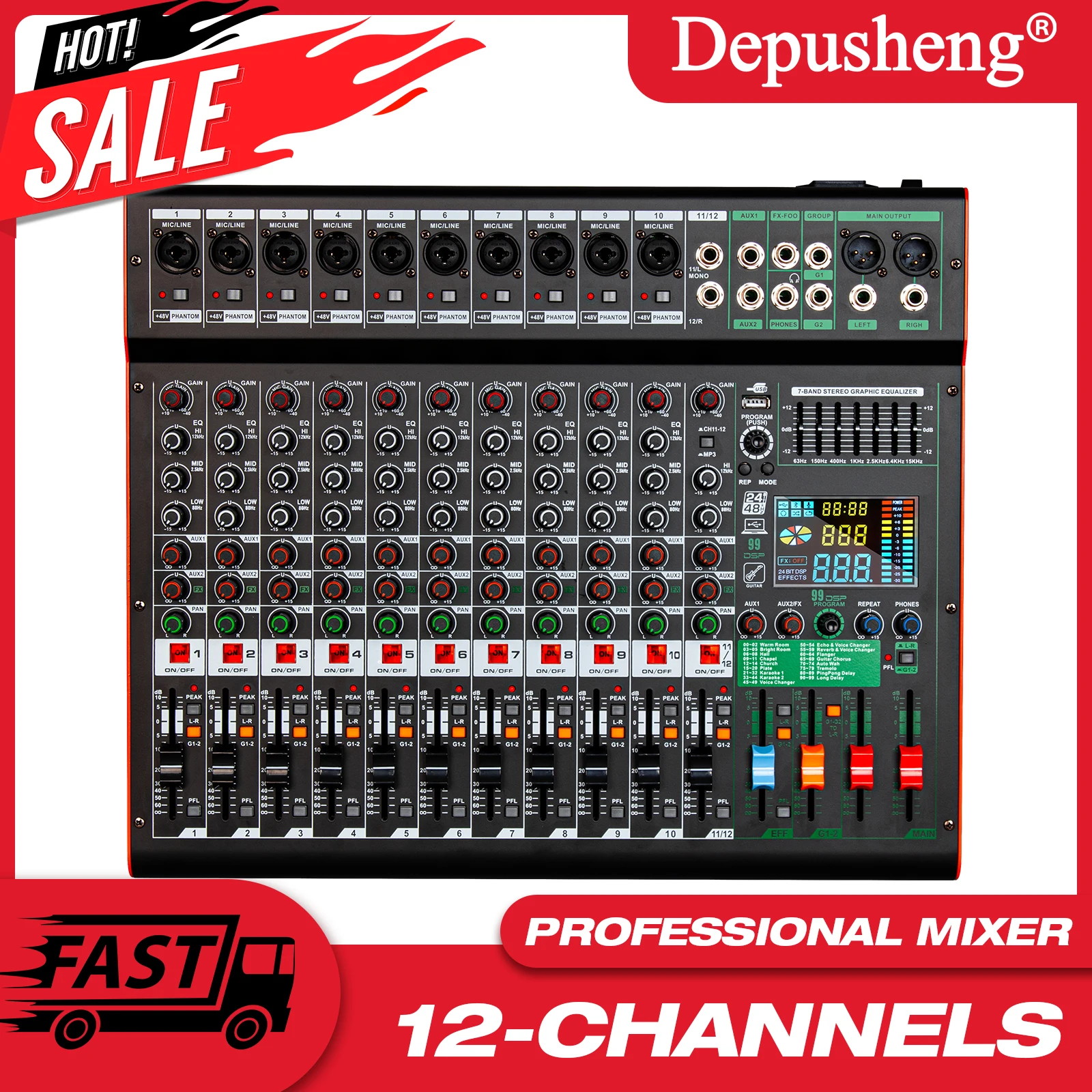 Professional Audio Mixer Depusheng TC12 99DSP 12 Channel Dual Group DJ Console Mixing 48V Phantom Power USB for Stage Bar Record
Professional Audio Mixer Depusheng TC12 99DSP 12 Channel Dual Group DJ Console Mixing 48V Phantom Power USB for Stage Bar Record