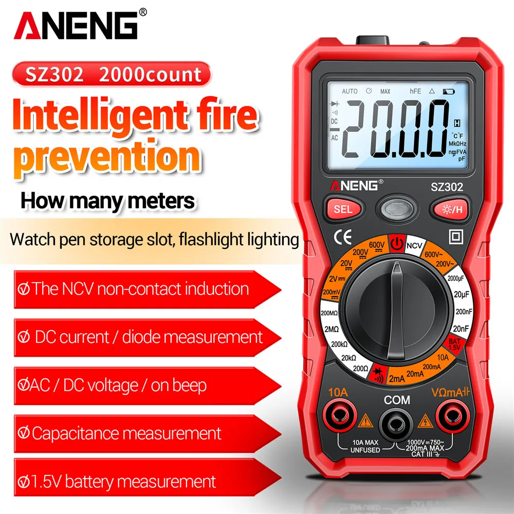 ANENG SZ302 Professional Digital Multimeter AC/DC Votage Tester NCV Detector Resistance tester Ohm Ammeter Capacitance TestMeter
ANENG SZ302 Professional Digital Multimeter AC/DC Votage Tester NCV Detector Resistance tester Ohm Ammeter Capacitance TestMeter