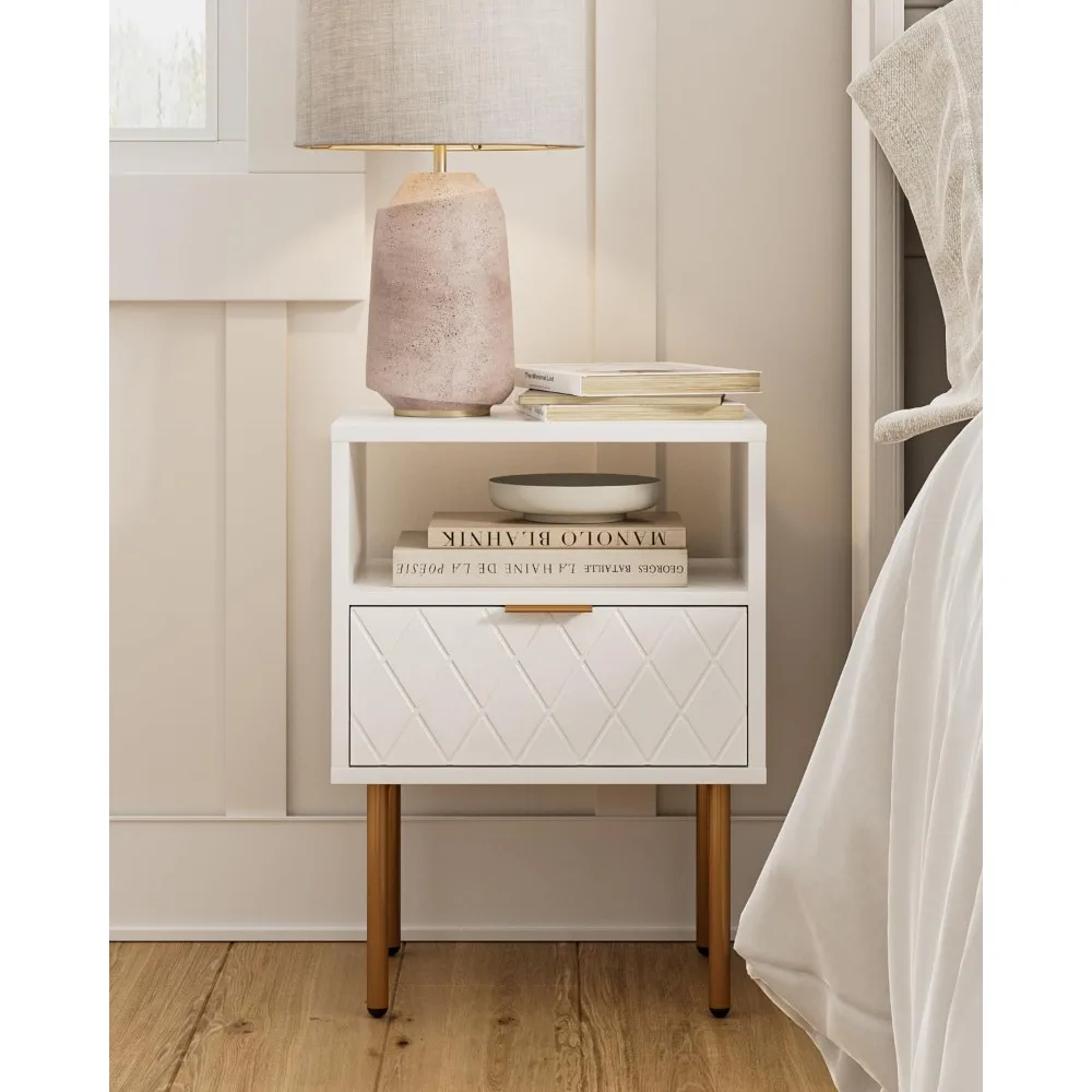 Bedside Table with Gold Frame,White Night Stand,Bedside Furniture,Side Table with Drawer and Shelf for Bedroom,Living Room
Bedside Table with Gold Frame,White Night Stand,Bedside Furniture,Side Table with Drawer and Shelf for Bedroom,Living Room