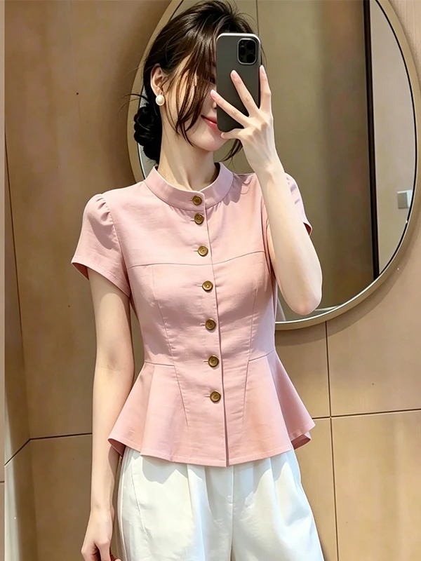 Summer New Pink Single Button Short Sleeve Shirt Women's Slim Fit Commute Gentle Style Top Waist Inward Design Casual Shirt
Summer New Pink Single Button Short Sleeve Shirt Women's Slim Fit Commute Gentle Style Top Waist Inward Design Casual Shirt
