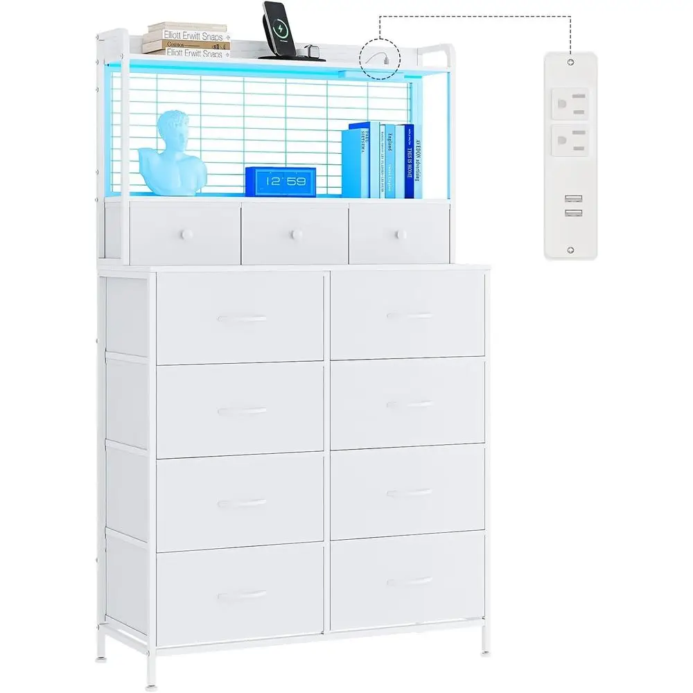 Bedroom Charging Station with RGB LED, 11-Drawer Tall Storage, Anti-Tip Design, Wood Grain Finish, White
Bedroom Charging Station with RGB LED, 11-Drawer Tall Storage, Anti-Tip Design, Wood Grain Finish, White