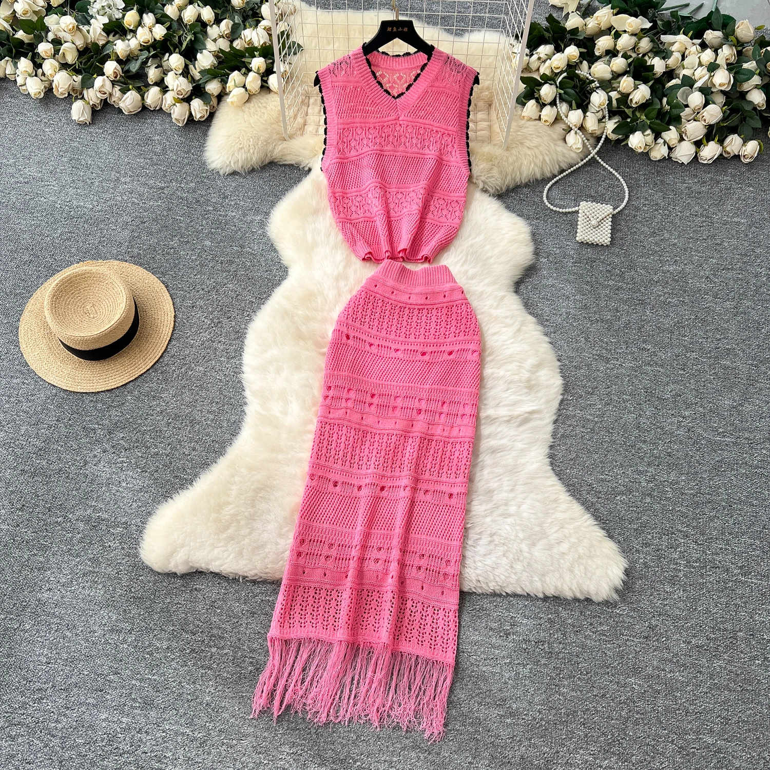 Sexy Chic Elastic Knit Hook flower hollow tassel Vestidos Korean Fashion Party office lady Slim Summer Two Piece Set
Sexy Chic Elastic Knit Hook flower hollow tassel Vestidos Korean Fashion Party office lady Slim Summer Two Piece Set
