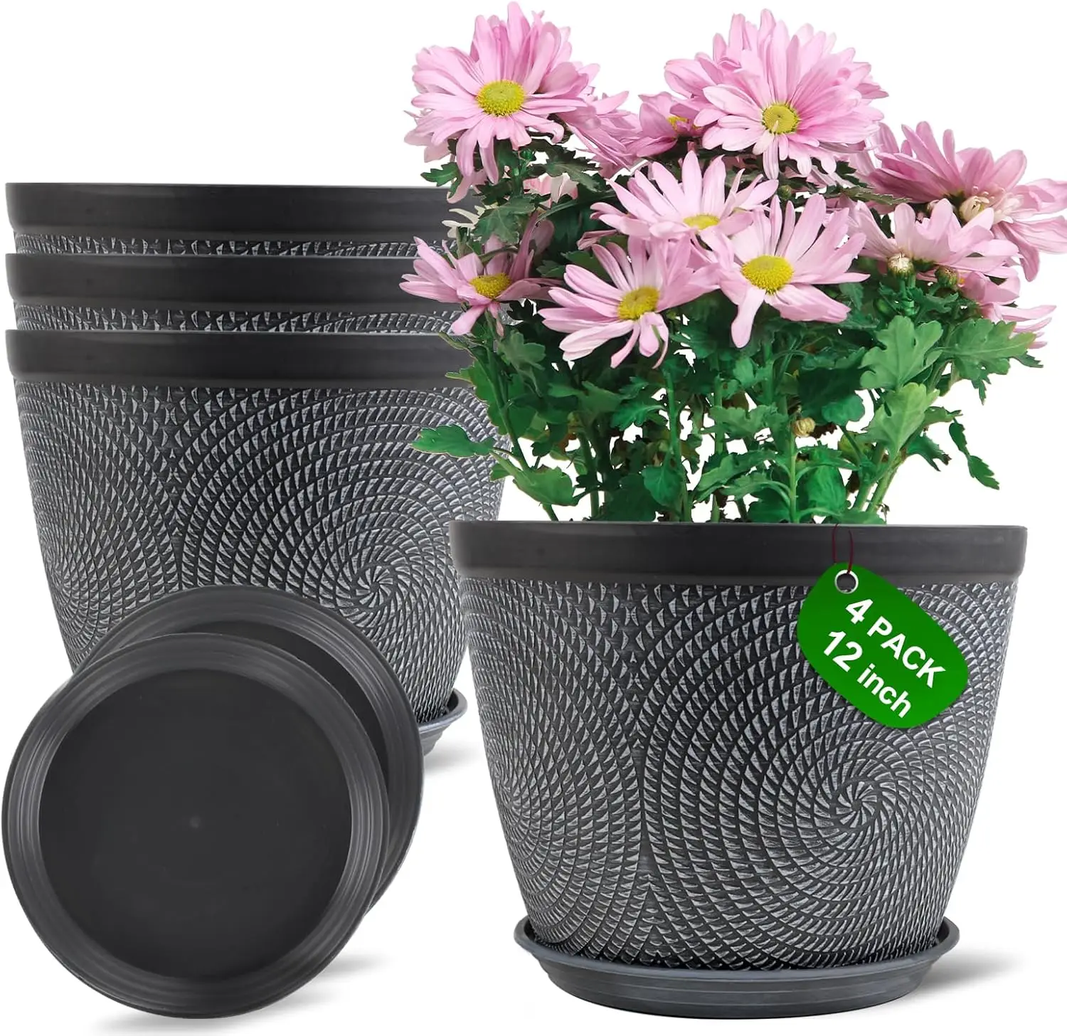 Large 12-Inch Plastic Plant Pots with Drainage Holes and Saucers, 4-Pack for Indoor and Outdoor Use in Gray
Large 12-Inch Plastic Plant Pots with Drainage Holes and Saucers, 4-Pack for Indoor and Outdoor Use in Gray