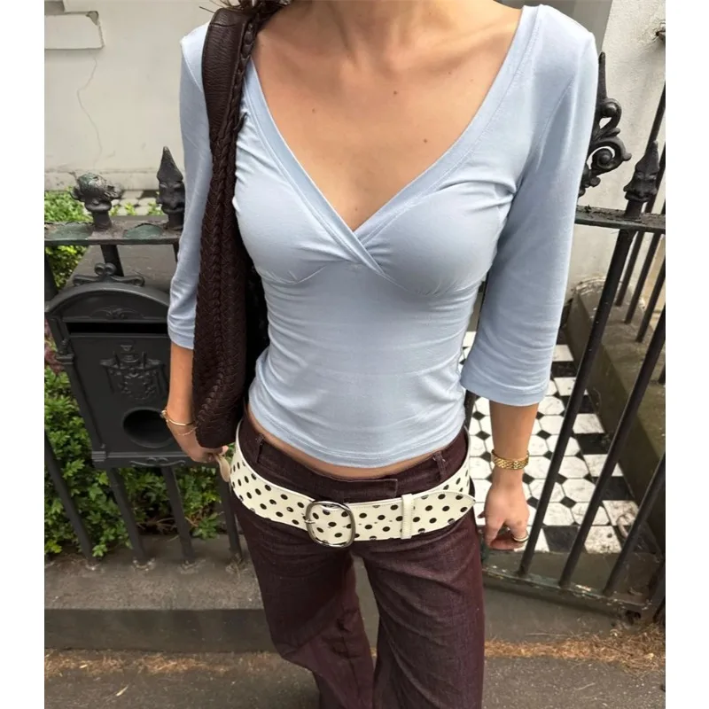 Women Sexy Deep V Mid Sleeve Top Minimalist Solid Color Sexy Y2K Slim Casual Tee 2026 Spring Summer Outfit Streetwear
Women Sexy Deep V Mid Sleeve Top Minimalist Solid Color Sexy Y2K Slim Casual Tee 2026 Spring Summer Outfit Streetwear