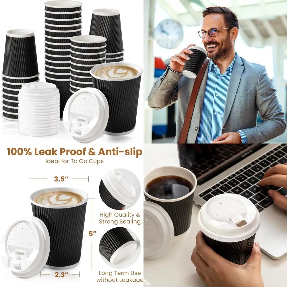 Одноразовые черные кофейные чашки на 12 унций с крышками и мешалками, изолированные горячие чашки с тройными стенками для напитков на ходу
Одноразовые черные кофейные чашки на 12 унций с крышками и мешалками, изолированные горячие чашки с тройными стенками для напитков на ходу