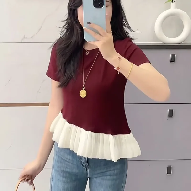 Fashion T-shirts for Women Sweet Lace Irregular O-neck Slim Simplicity Elegant Trend Summer New Style Pullover Short Sleeve Tops
Fashion T-shirts for Women Sweet Lace Irregular O-neck Slim Simplicity Elegant Trend Summer New Style Pullover Short Sleeve Tops