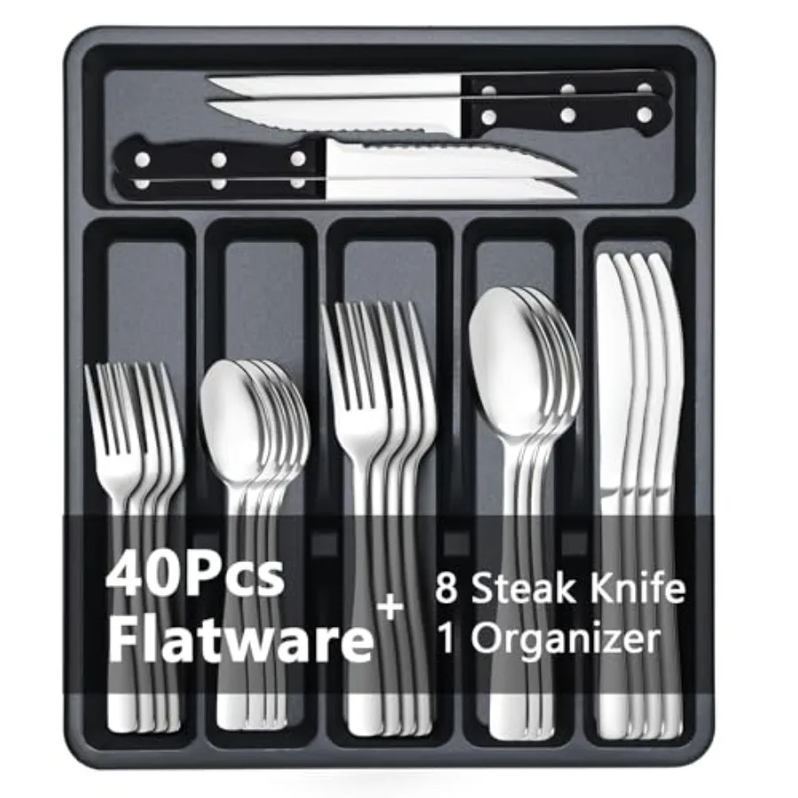 49-Piece ware Set with Organizer - Stainless Steel ware Set for 8 with Steak Knives and Drawer Organizer, Mirror Polished Flatw
49-Piece ware Set with Organizer - Stainless Steel ware Set for 8 with Steak Knives and Drawer Organizer, Mirror Polished Flatw