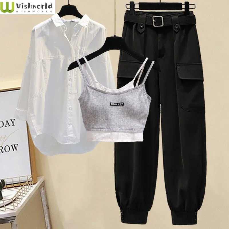 2022 Autumn New Loose Casual Shirt Personalized Bra Work Clothes Wide Leg Trousers Three Piece Elegant Women's Pants Set
2022 Autumn New Loose Casual Shirt Personalized Bra Work Clothes Wide Leg Trousers Three Piece Elegant Women's Pants Set