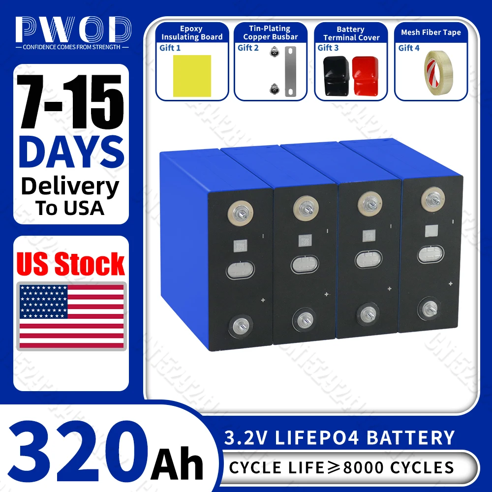 US Stock PWOD Lifepo4 Battery 320ah 3.2V Grade A 8000Cycle DIY 12V 24V 48V Lithium iron phosphate Cell For Camping Golf Cart
US Stock PWOD Lifepo4 Battery 320ah 3.2V Grade A 8000Cycle DIY 12V 24V 48V Lithium iron phosphate Cell For Camping Golf Cart