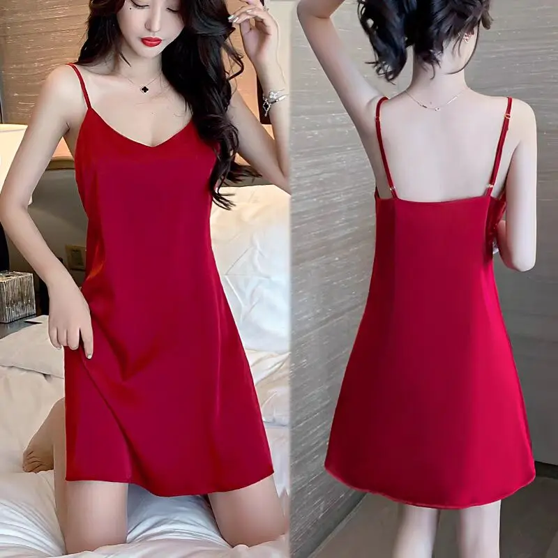Sexy Summer Ice Silk Thin Strap Sleepwear Women's Short Skirt Home Clothes with Chest Pad V-neck Pure Color Home Clothes
Sexy Summer Ice Silk Thin Strap Sleepwear Women's Short Skirt Home Clothes with Chest Pad V-neck Pure Color Home Clothes