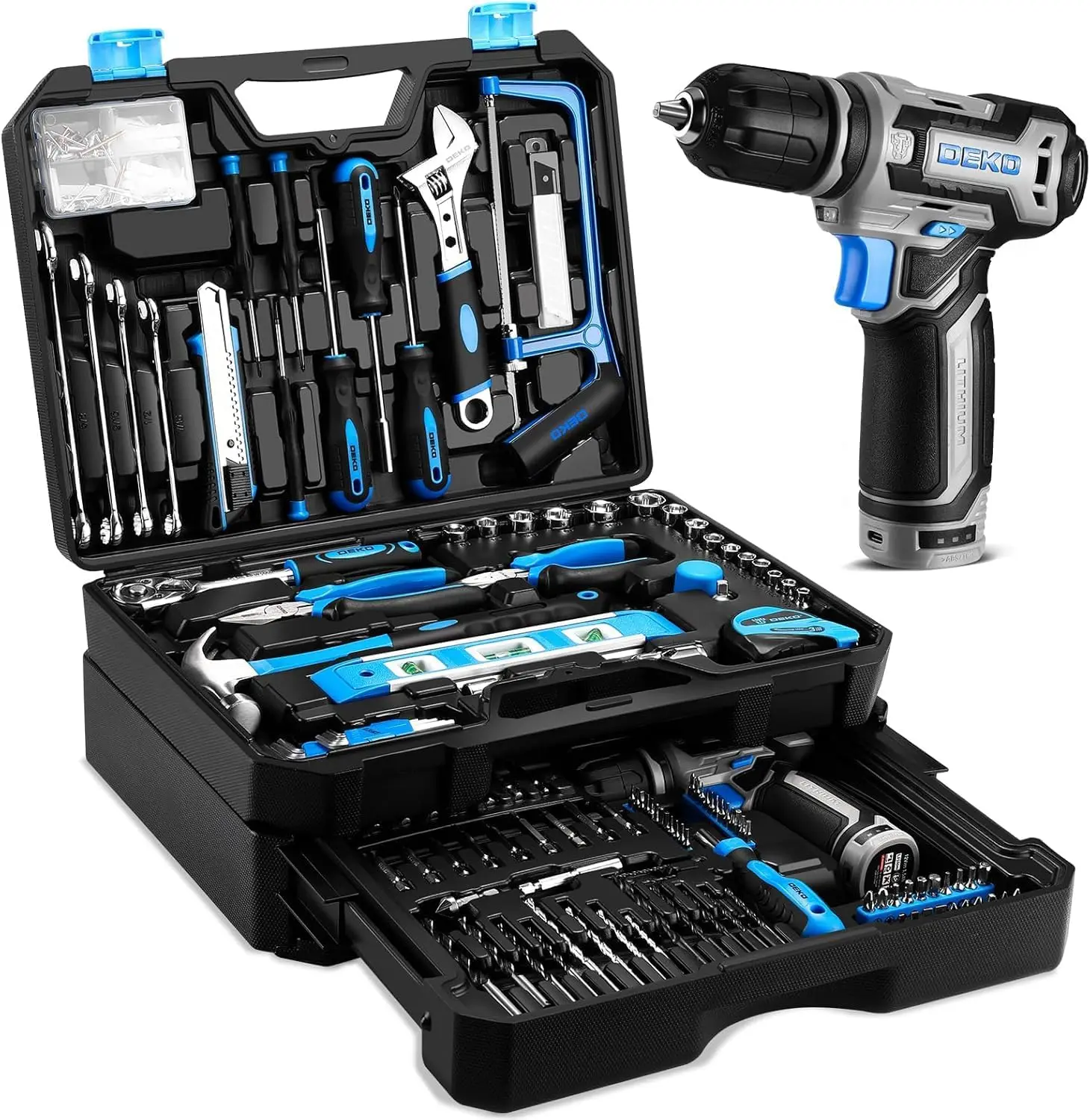 Tool Set: Tool Kit with 12V Cordless Drill, Hand Toolbox with storage case, Mechanic Tool set for Home Repairs, Blue
Tool Set: Tool Kit with 12V Cordless Drill, Hand Toolbox with storage case, Mechanic Tool set for Home Repairs, Blue