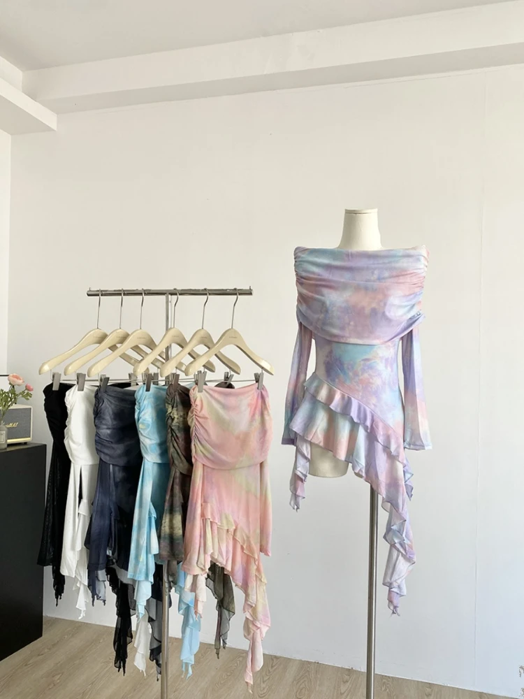 Tie-dye Sexy Off Shoulder Mesh Women T-shirt Pink Long Sleeve Pullover Female Spring Autumn Slim Elegant Streetwear 2025
Tie-dye Sexy Off Shoulder Mesh Women T-shirt Pink Long Sleeve Pullover Female Spring Autumn Slim Elegant Streetwear 2025