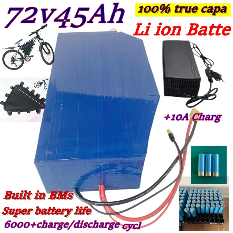 72V 45Ah Triangle Lithium-ion Battery BMS 20S for 5000W 6000W Mountain Bike Scooter Motorcycle with 10A Charger 
72V 45Ah Triangle Lithium-ion Battery BMS 20S for 5000W 6000W Mountain Bike Scooter Motorcycle with 10A Charger