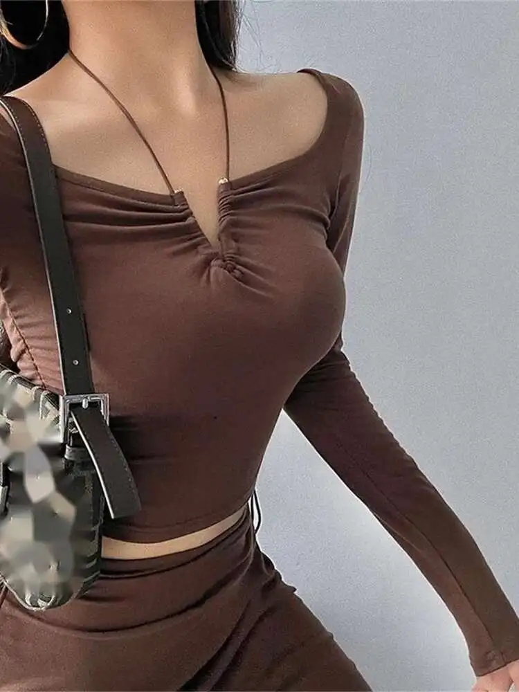WOMENGAGA Girl Тонкая плиссированная футболка с v-образным вырезом и длинными рукавами Короткая основа Осенние футболки Корейский топ Сексуальная горячая милая девушка Коричневые топы 8WZ 
WOMENGAGA Girl Тонкая плиссированная футболка с v-образным вырезом и длинными рукавами Короткая основа Осенние футболки Корейский топ Сексуальная горячая милая девушка Коричневые топы 8WZ