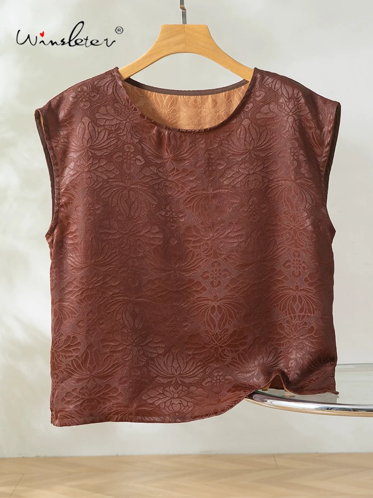 Winsleter-100% Элегантный жилет из натурального шелка с водяной марлей, женский жаккардовый жилет с круглым вырезом, повседневная свободная майка в стиле ретро, осень 2023, новинка T59840CC 
Winsleter-100% Элегантный жилет из натурального шелка с водяной марлей, женский жаккардовый жилет с круглым вырезом, повседневная свободная майка в стиле ретро, осень 2023, новинка T59840CC