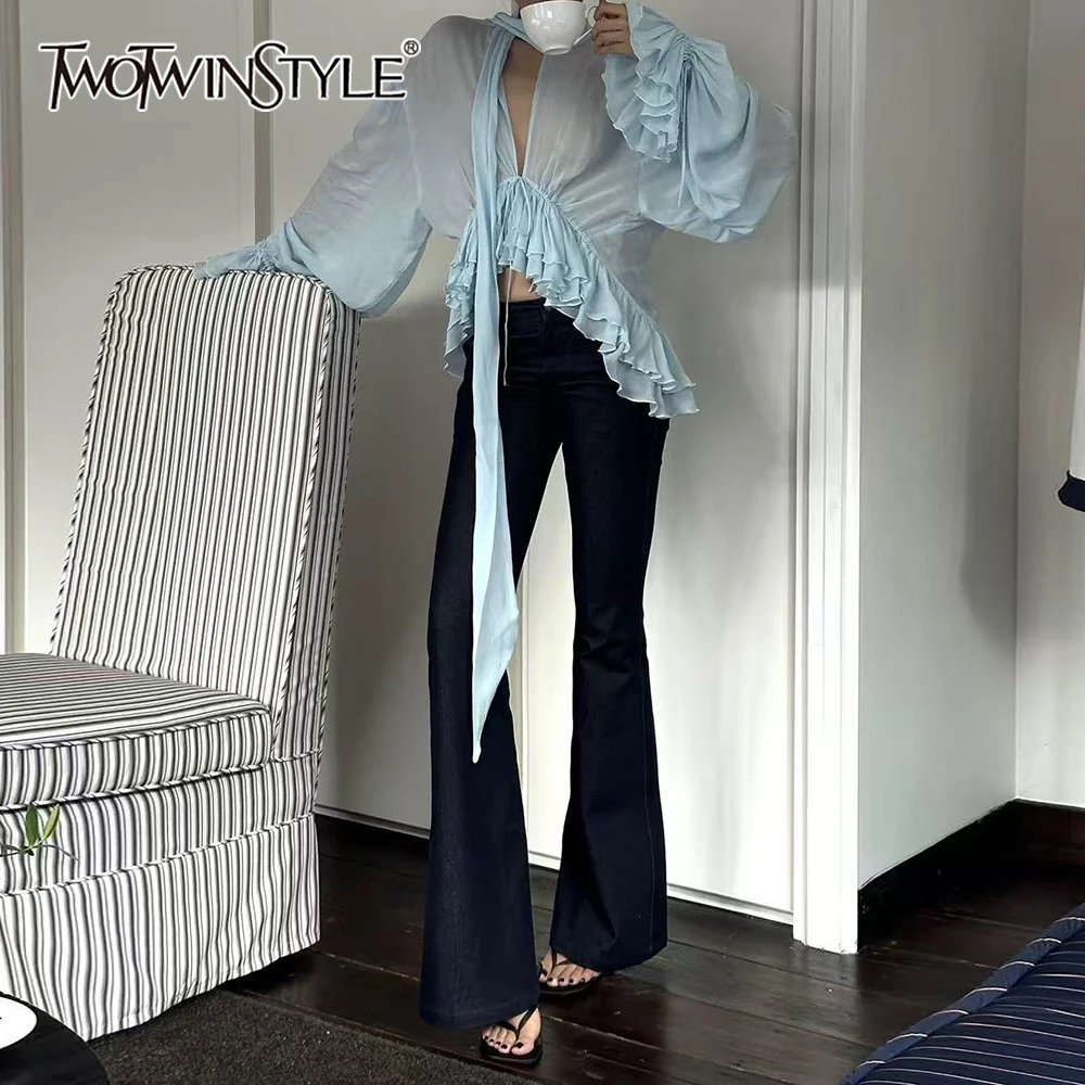 TWOTWINSTYLE Blue Sheer Spliced Ruffles Folds Fashion Blouse for Women V Neck Long Sleeves Tunic Patchwork Ribbon Blouses Female
TWOTWINSTYLE Blue Sheer Spliced Ruffles Folds Fashion Blouse for Women V Neck Long Sleeves Tunic Patchwork Ribbon Blouses Female
