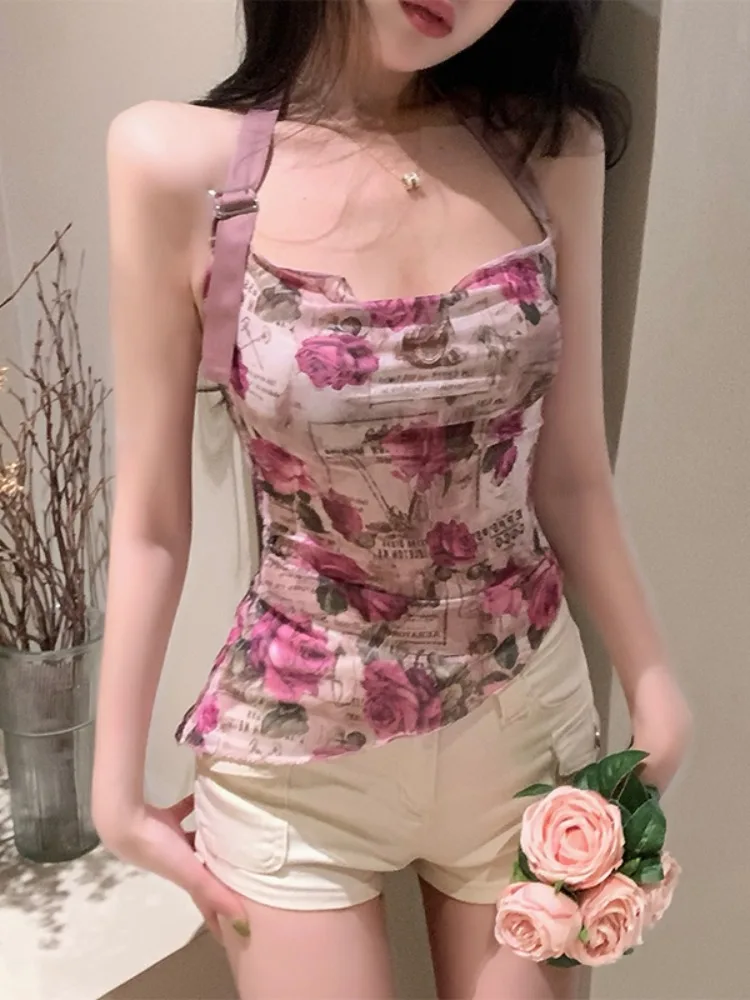 Sweet Rose Print Halter Neck Crop Top Women's Irregular Sexy Base Layer Pleated Bustier Summer Korean Style Commute Clothes
Sweet Rose Print Halter Neck Crop Top Women's Irregular Sexy Base Layer Pleated Bustier Summer Korean Style Commute Clothes