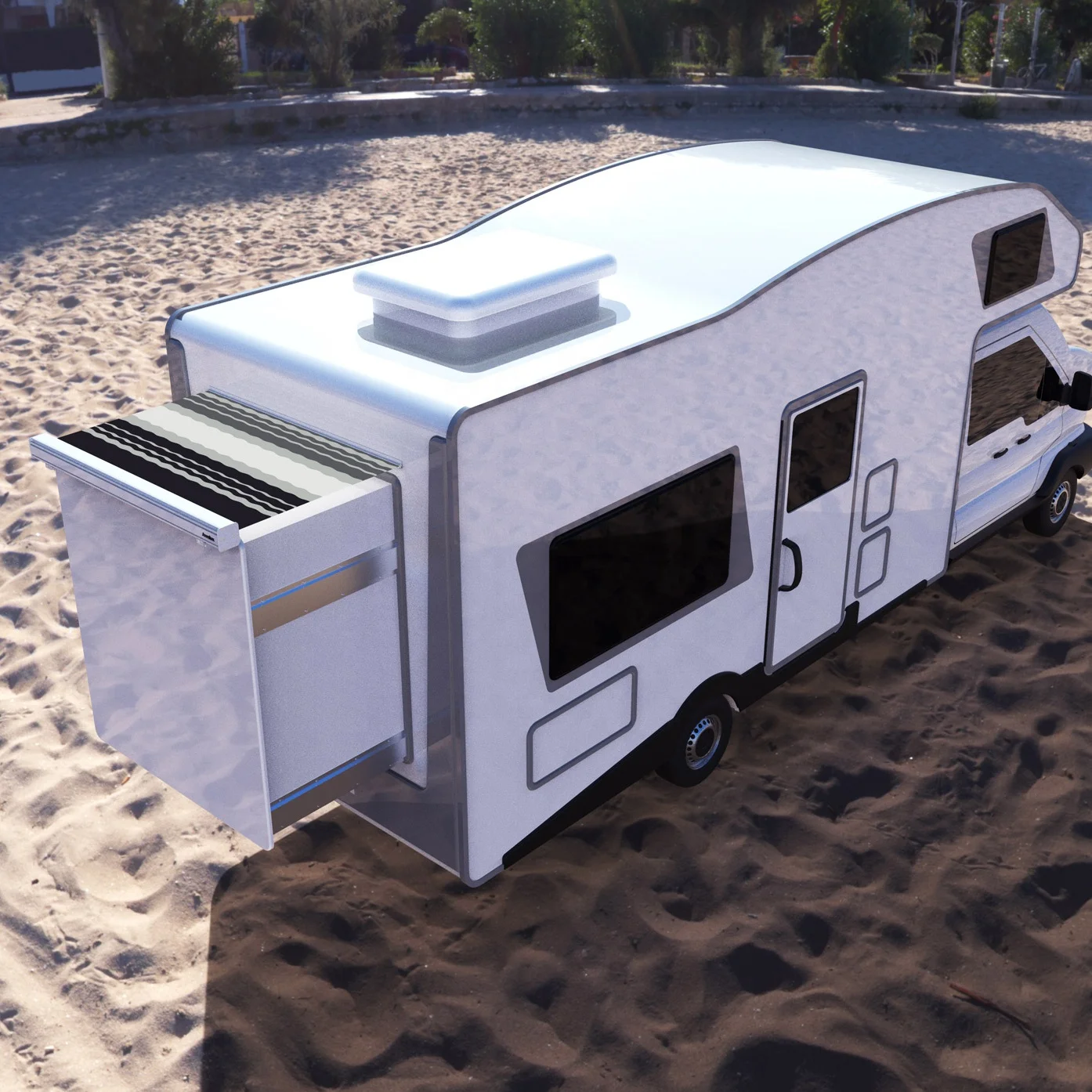 Выдвижной тент для кемпера на колесах с полной кассетой
Выдвижной тент для кемпера на колесах с полной кассетой