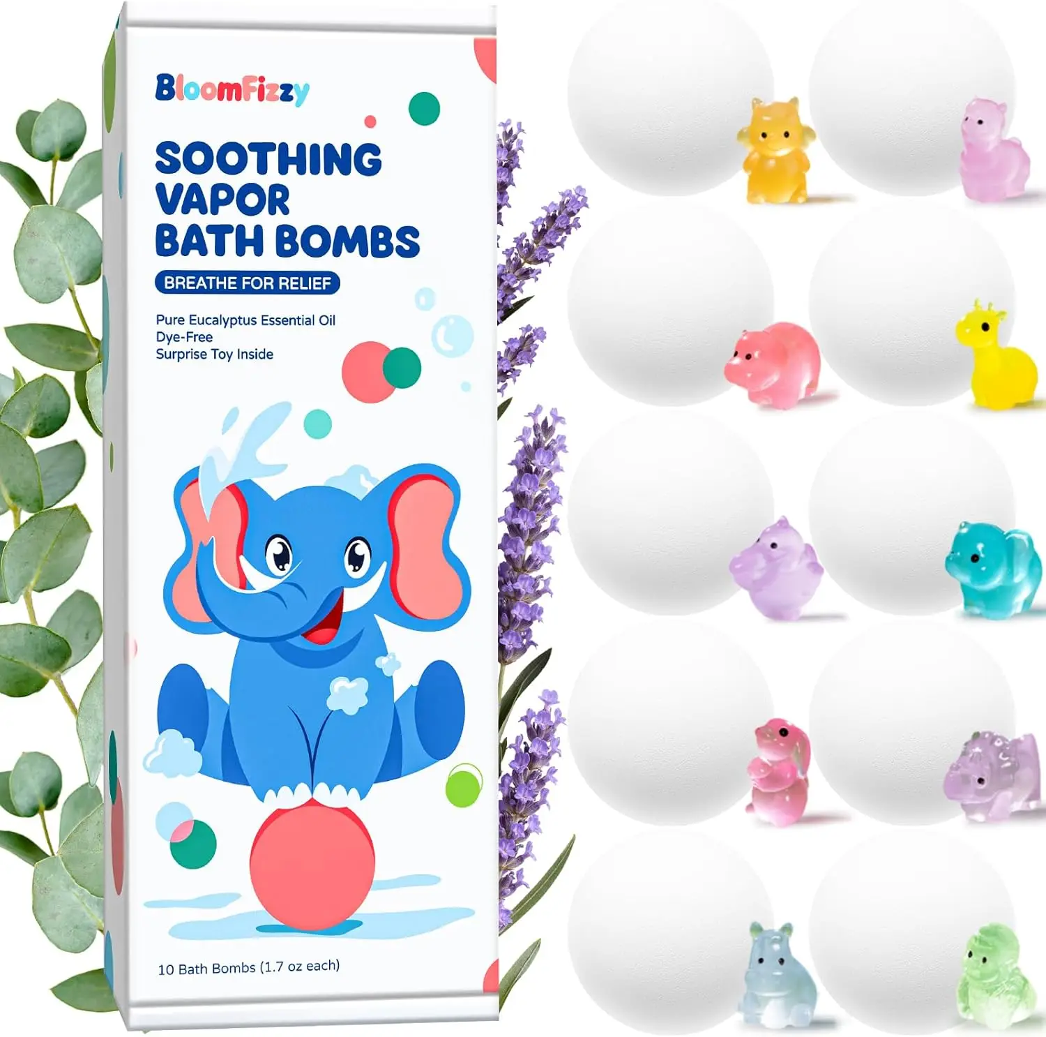Kids Bath Bombs with Surprise Toys, Eucalyptus & Lavender Essential Oils, Dye-Free Aromatherapy Fizzies, 10 Pack
Kids Bath Bombs with Surprise Toys, Eucalyptus & Lavender Essential Oils, Dye-Free Aromatherapy Fizzies, 10 Pack