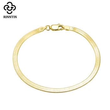 Rinntin 여성용 18K 골드 925 스털링 실버 이탈리아 3mm 유연한 플랫 헤링본 체인 팔찌, 파티 뱅글 쥬얼리 SB107