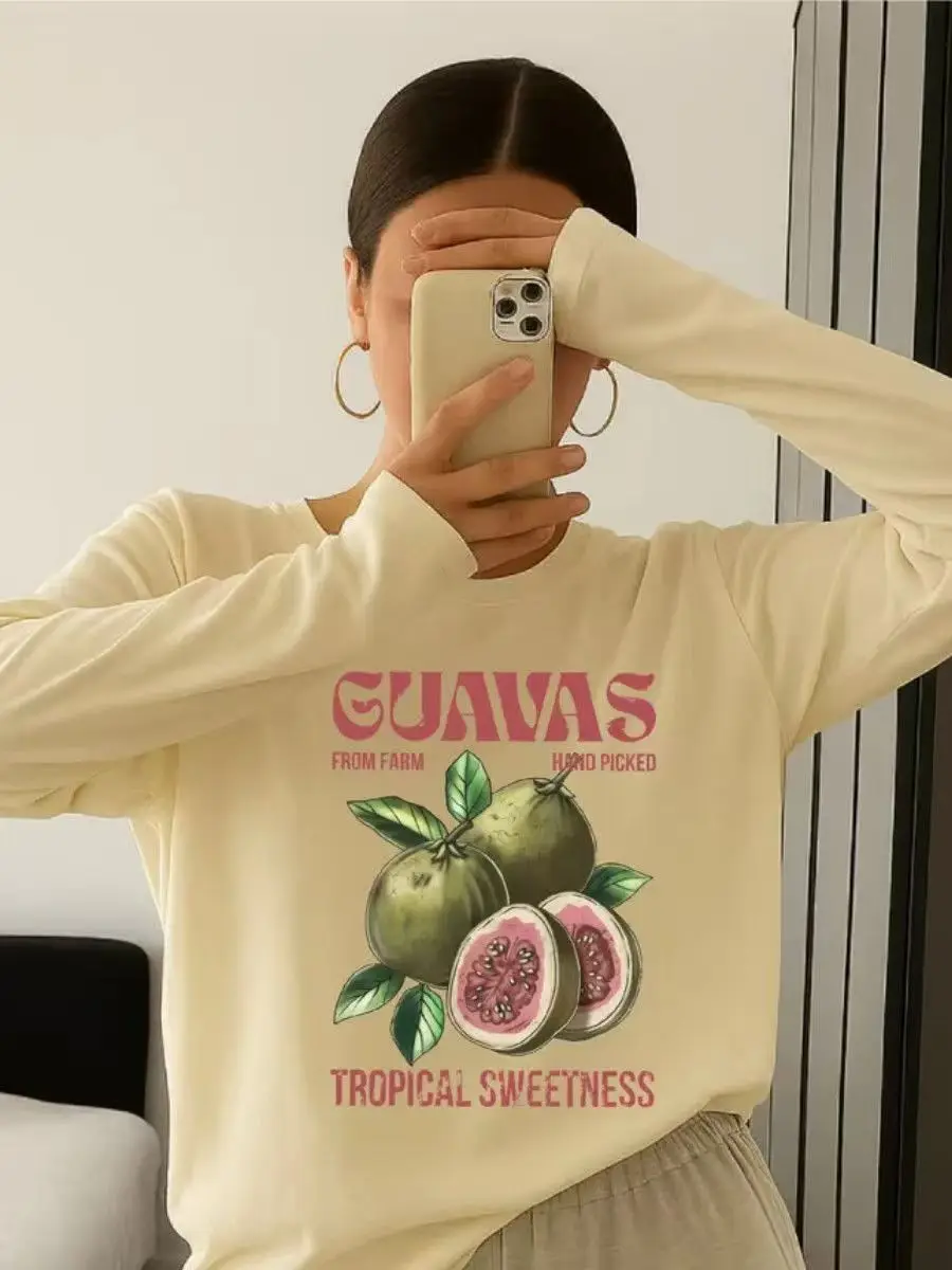 Guava Tropical Print Fruit T Shirt Loose Sweatshirt Women Autumn 2025 Thin Cotton Long Sleeve T Shirt American Oversized Tees
Guava Tropical Print Fruit T Shirt Loose Sweatshirt Women Autumn 2025 Thin Cotton Long Sleeve T Shirt American Oversized Tees