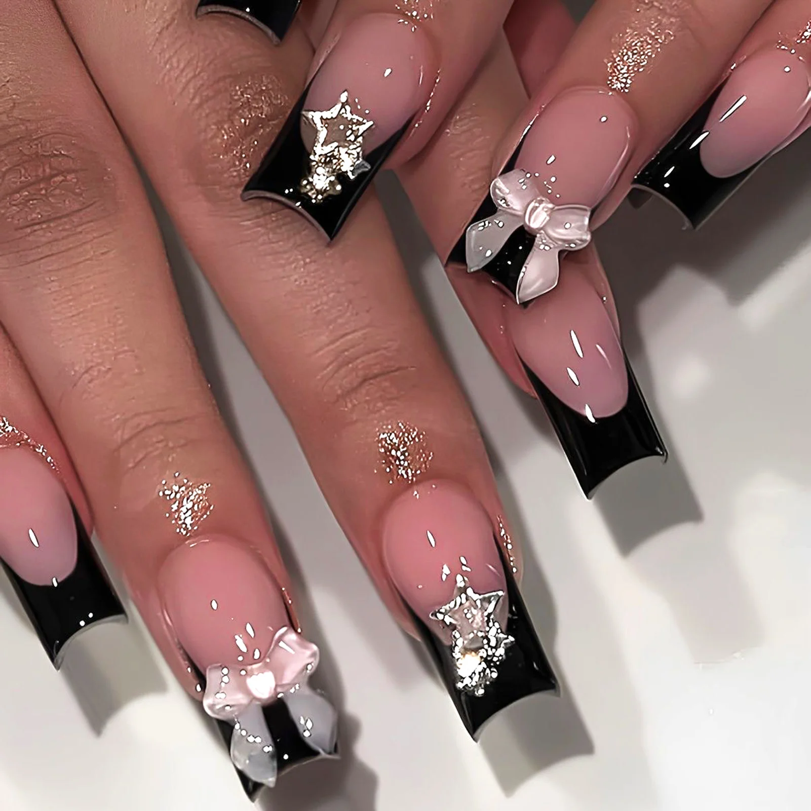 24Pcs Long Coffin Press On Nails Black French Tip Square Head Fake Nails 3D Bowknot Decor Charm Stick-on False Nails for Woman
24Pcs Long Coffin Press On Nails Black French Tip Square Head Fake Nails 3D Bowknot Decor Charm Stick-on False Nails for Woman