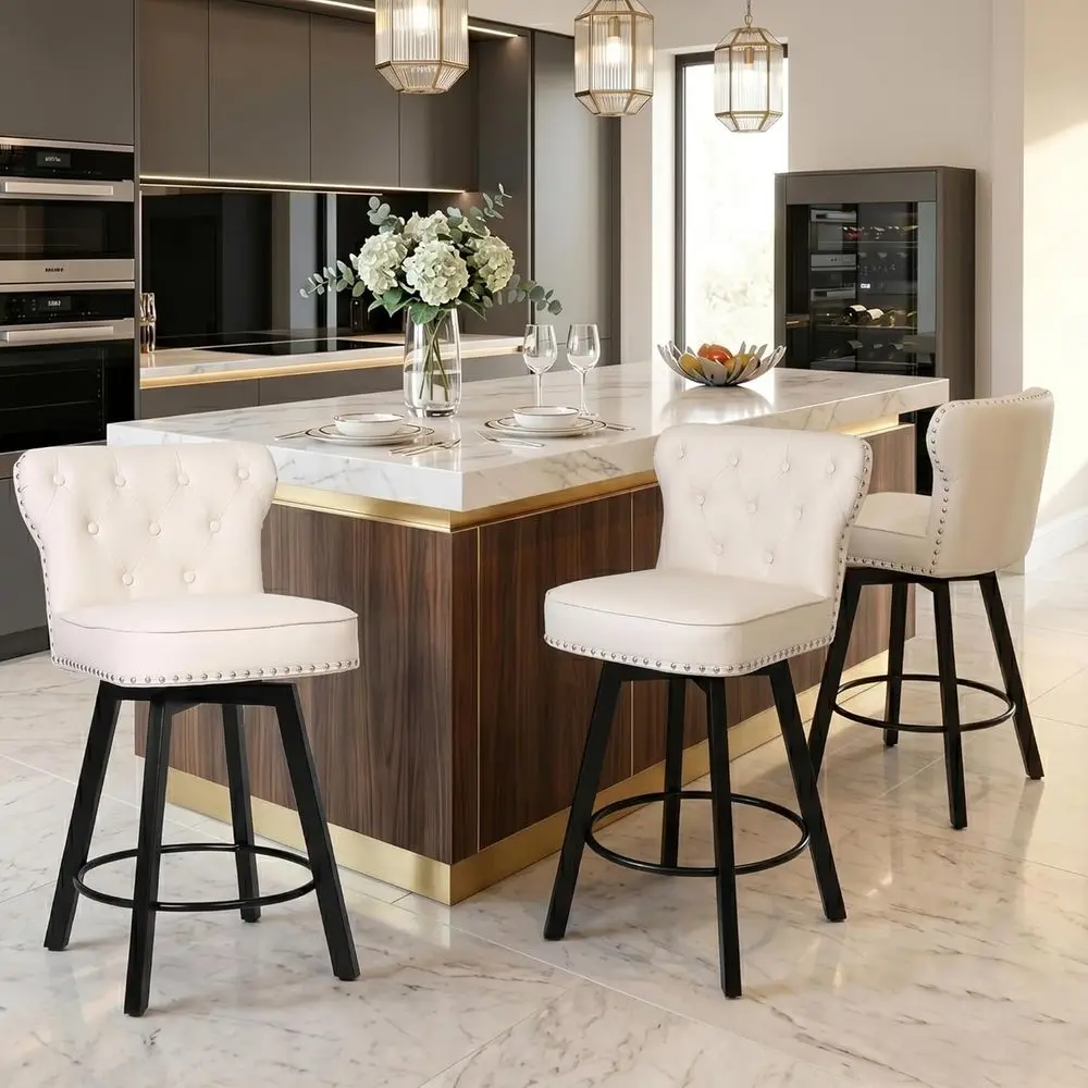Set of 3, 26 Swivel Bar Stools with Metal Base, High Back and Thick Cushion, Beige
Set of 3, 26 Swivel Bar Stools with Metal Base, High Back and Thick Cushion, Beige