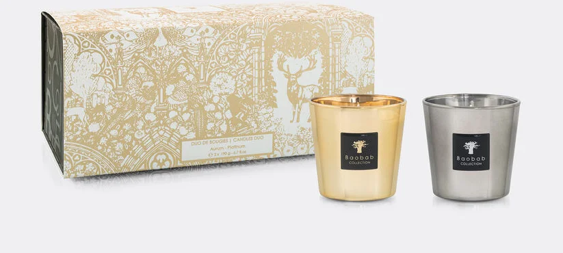 'Aurum and Platinum' candle duo, silver and gold Baobab Collection
'Aurum and Platinum' candle duo, silver and gold Baobab Collection