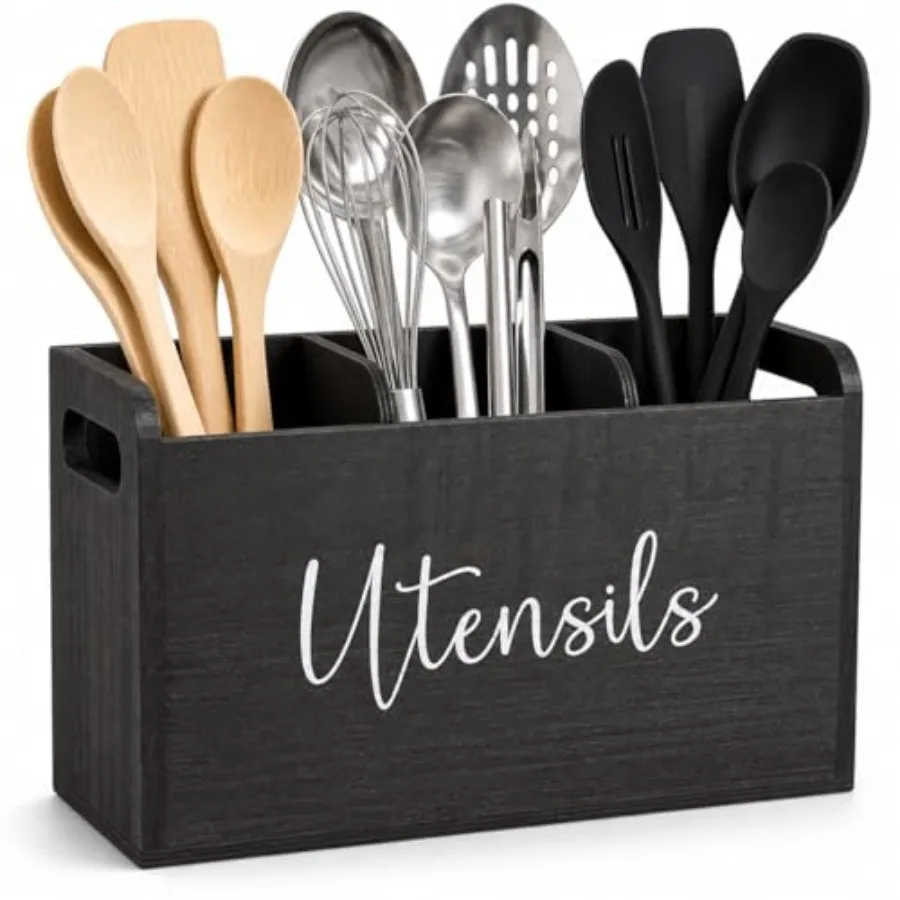 Black Kitchen Utensil Holder for Countertop Large 3-Compartment Cooking Utensil Organizer and Caddy with Drain Holes, Modern Wo
Black Kitchen Utensil Holder for Countertop Large 3-Compartment Cooking Utensil Organizer and Caddy with Drain Holes, Modern Wo