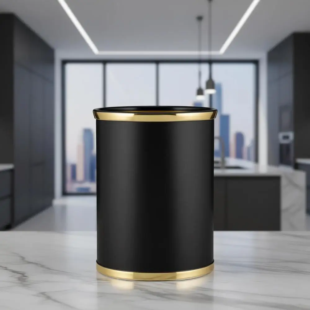 Elegant Black/Polished Gold Waste Bin with 3/4-Inch Bands and Brass Protector
Elegant Black/Polished Gold Waste Bin with 3/4-Inch Bands and Brass Protector